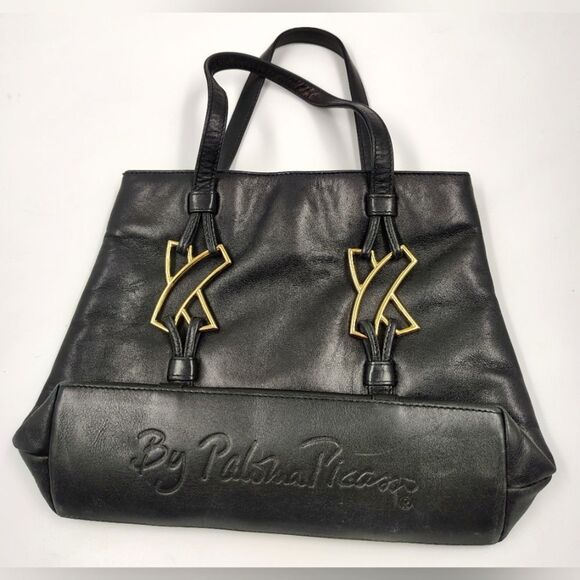 Paloma Picasso Vintage Black Leather Tote Bag Purse   w/Gold Accents - Picture 9 of 15